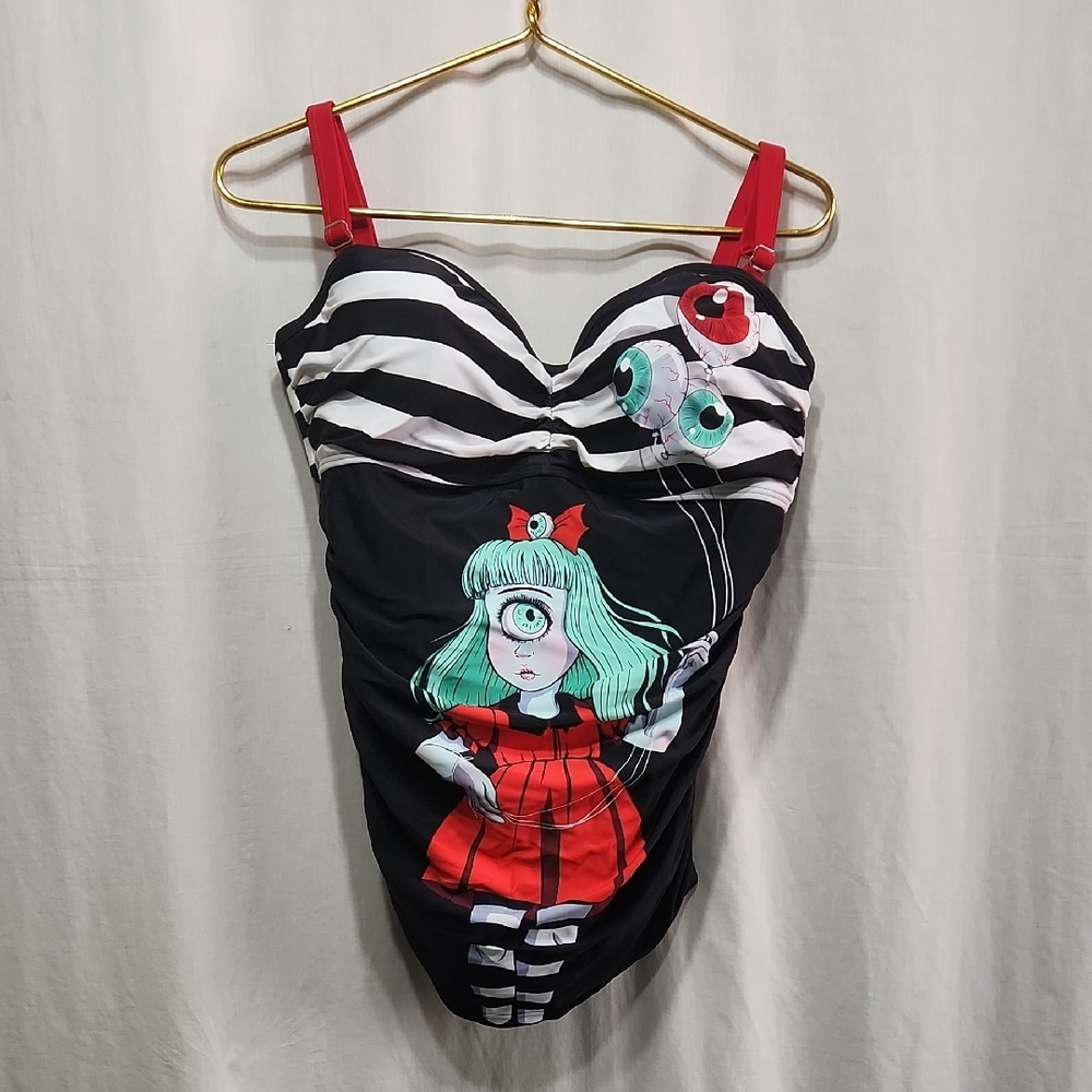 Red and Black One Piece Swim with Whimsical Design